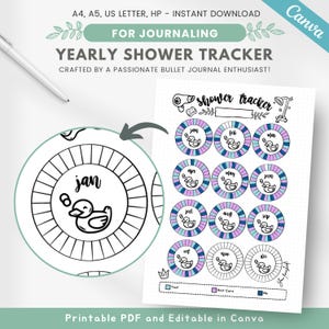 Peut inclure: Suivi de douche annuel imprimable avec une illustration de canard mignonne. Le suivi est conçu pour le bullet journal et comprend un cercle séparé pour chaque mois de l'année. Le suivi est en noir et blanc et peut être personnalisé avec de la couleur.