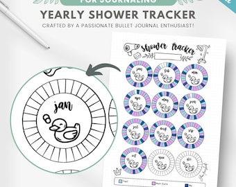 Yearly shower tracker, daily hygiene tracker, printable planner page, hair wash tracker, shower frequency log, editable journal template