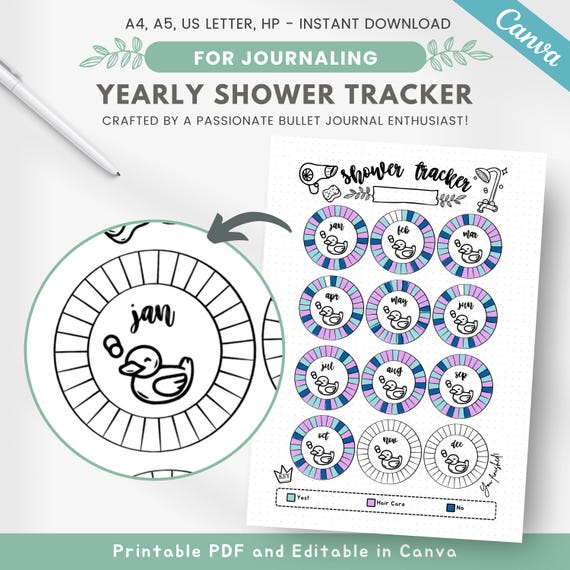 Yearly shower tracker, daily hygiene tracker, printable planner page, hair wash tracker, shower frequency log, editable journal template