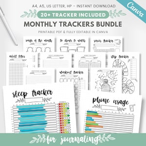 Może przedstawiać: Pakiet do wydruku zawierający ponad 20 miesięcznych trackerów do prowadzenia dziennika. Trackery obejmują tracker snu, tracker użycia telefonu, tracker ćwiczeń, tracker nawyków, tracker kroków i wiele innych. Trackery są czarno-białe i mają prosty, minimalistyczny design.