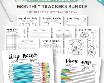 Printable monthly trackers bundle, premade bullet journal trackers, editable bullet journal insert, bujo monthly template, habit tracker