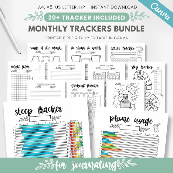 Printable monthly trackers bundle, premade bullet journal trackers, editable bullet journal insert, bujo monthly template, habit tracker