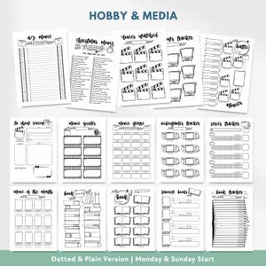 May include: A collection of black and white printable planner pages titled Hobby & Media, featuring trackers for movies, books, and video games. The sheets include lists, checkboxes, and illustrations of film clappers, televisions, and books.