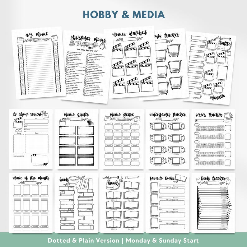 May include: A collection of black and white printable planner pages titled Hobby & Media, featuring trackers for movies, books, and video games. The sheets include lists, checkboxes, and illustrations of film clappers, televisions, and books.