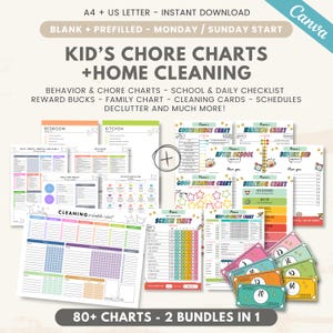Editable kids chore chart & ADHD cleaning bundle, household cleaning planner, behavior chart, daily weekly checklist, command center, Canva