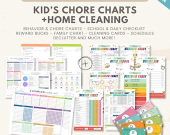 Editable Kids Chore Chart & ADHD Cleaning Planner Bundle, Reward and Behavior Charts, Daily Weekly Cleaning Checklist (Canva Templates)