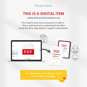 May include: Digital item graphic with the text "THIS IS A DIGITAL ITEM" and "ADHD CLEANING planner". The image shows a laptop, tablet, and printed planner, with a PDF icon. The text says the item is digital and requires a Canva account.