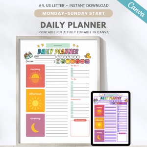 Bewerkbare dagelijkse planner voor kinderen, dagelijkse takenlijst voor kinderen, dagelijks dagboek voor kinderen, afdrukbaar tijdlogboek voor kinderen, pagina met dagelijkse activiteiten voor peuters, Canva