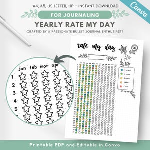 Könnte beinhalten: Eine schwarz-weiße druckbare Planerseite mit dem Titel "Yearly Rate My Day". Die Seite ist in ein Raster unterteilt, wobei jeder Tag des Jahres durch einen Stern dargestellt wird. Die Sterne sind farbcodiert, um eine Bewertung von einem bis fünf Sternen darzustellen.