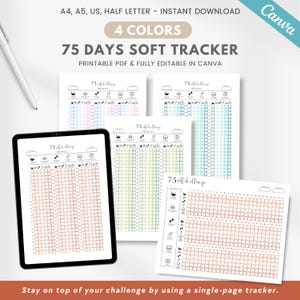 May include: Printable 75 day soft tracker in four colors: pink, green, yellow, and orange. The tracker is designed for a habit tracker or challenge. The text on the tracker says "75 soft challenge".