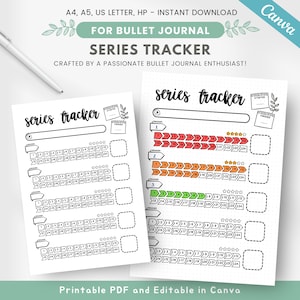 以下が含まれることがあります： バレットジャーナル用の印刷可能なシリーズトラッカー。トラッカーは、ドット柄の背景に白黒のデザインが施されています。シリーズ名、エピソード数、完了状況を追跡するための進捗バーが含まれています。トラッカーは、バレットジャーナルで使用するために設計されています。