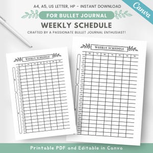 May include: Printable weekly schedule planner with a simple black and white design. The planner has a column for each day of the week and rows for each hour of the day. The planner is titled "Weekly Schedule" and is crafted by a passionate bullet journal enthusiast.