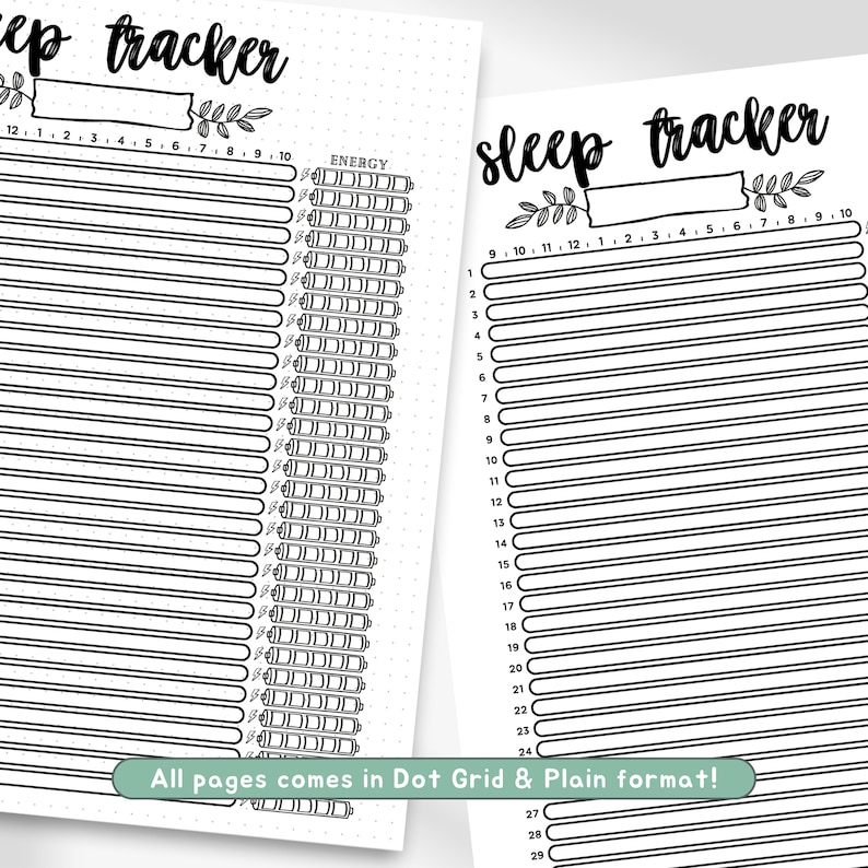 May include: Black and white printable sleep tracker with a battery meter to track energy levels. The tracker includes a space to write the time and date. The text "sleep tracker" is written in a decorative font with a leaf design.