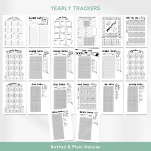 May include: A collection of black and white printable yearly trackers, including a bucket list, reading tracker, and mood tracker. The pages are decorated with floral accents and include the text "Yearly Trackers" and "Dotted & Plain Version".