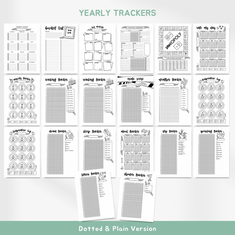 May include: A collection of black and white printable yearly trackers, including a bucket list, reading tracker, and mood tracker. The pages are decorated with floral accents and include the text "Yearly Trackers" and "Dotted & Plain Version".