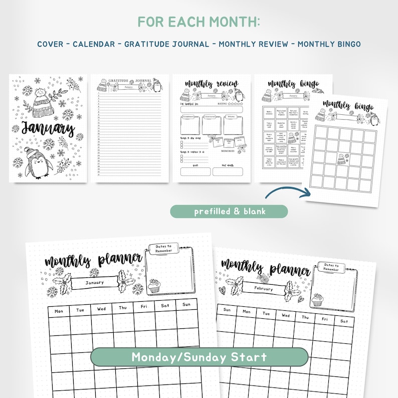 May include: A black and white planner with the text "FOR EACH MONTH: COVER - CALENDAR - GRATITUDE JOURNAL - MONTHLY REVIEW - MONTHLY BINGO." The planner includes a cover, gratitude journal, monthly review, and monthly bingo pages. The planner also includes a monthly planner with a Monday/Sunday start.