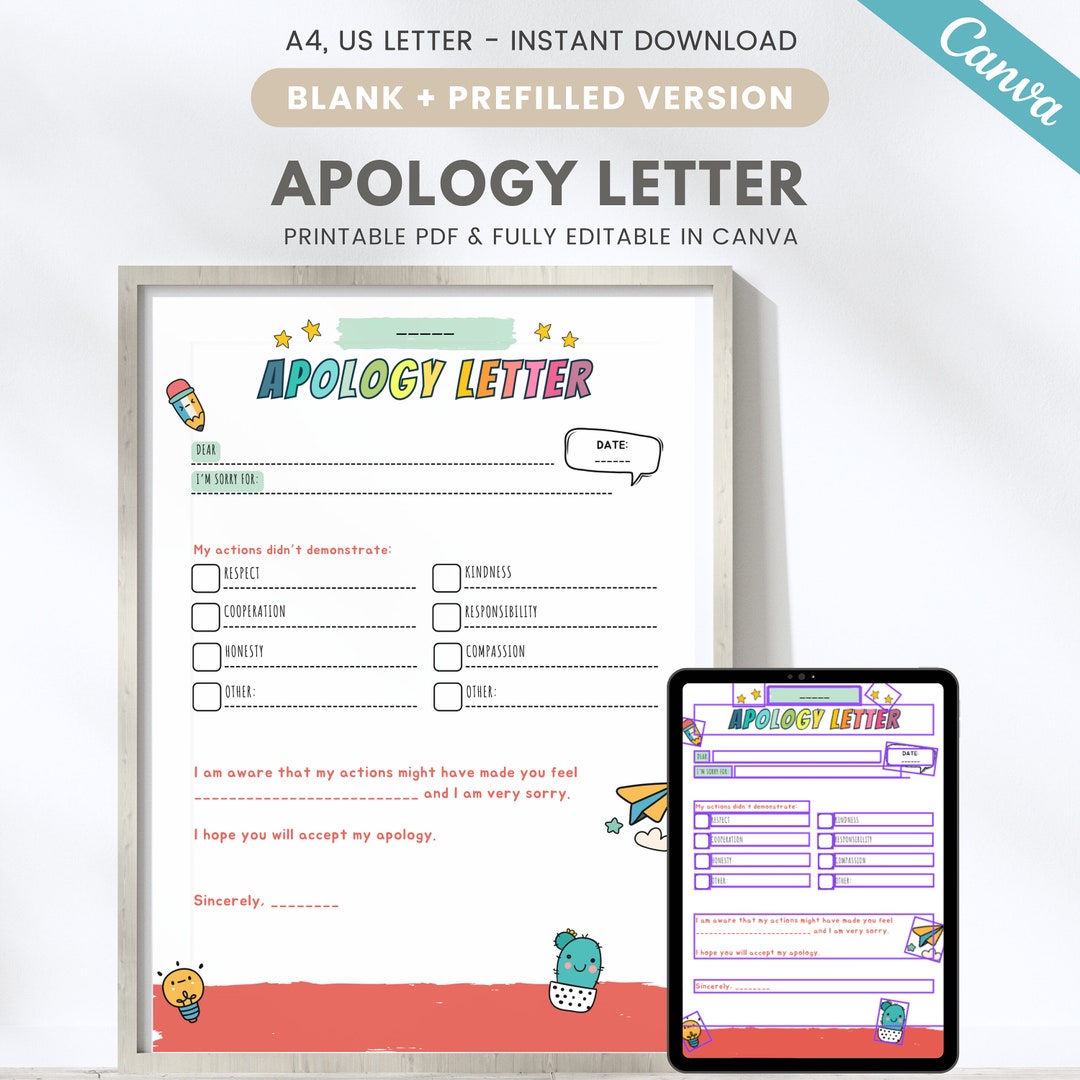 Editable Kids Apology Letter, I'm Sorry Letter, Apology for Bad