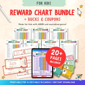 Editable reward bucks & reward chart for kids, printable reward coupons, reward system for toddler, mom bucks, Canva template