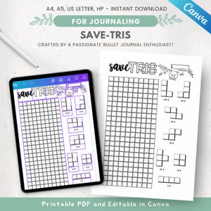 Spara-Tris-spårare, ekonomijournalsida, Tetris-spårare, pengar att spara - Utskrivbar PDF och Canva-redigerbar