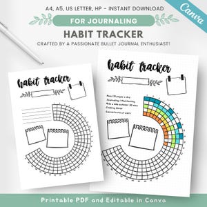 May include: Printable habit tracker with two different designs. The first design is a circular grid with a blank space for writing the habit. The second design is a grid with a rainbow color scheme and a list of habits to track, including reading 10 pages a day, journaling, riding a bike, cooking dinner, and concentrating at work.