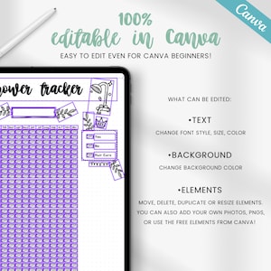 May include: A digital planner template for tracking daily habits, featuring a purple background with a grid of squares and a shower icon. The text "Lower tracker" is at the top of the template. The template is fully editable in Canva.