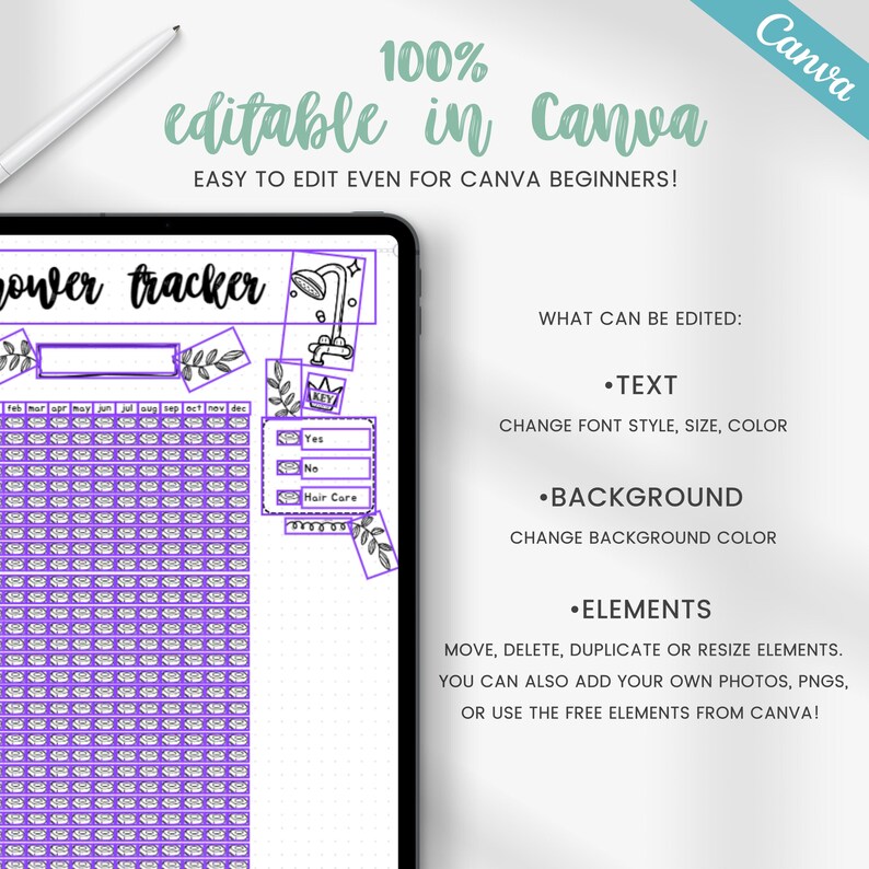 May include: A digital planner template for tracking daily habits, featuring a purple background with a grid of squares and a shower icon. The text "Lower tracker" is at the top of the template. The template is fully editable in Canva.