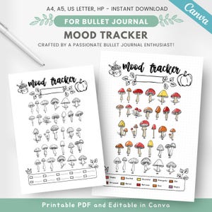 Könnte beinhalten: Druckbarer Stimmungs-Tracker mit Pilz-Motiv. Der Tracker zeigt 31 Pilze, die jeweils nummeriert sind, und eine Farbtabelle für verschiedene Stimmungen. Der Text "mood tracker" erscheint oben auf der Seite.