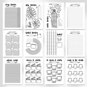 May include: A printable planner page set with black and white illustrations. The pages include trackers for sleep, steps, water intake, daily affirmations, habits, gratitude, phone usage, movies, TV shows, and songs of the month.
