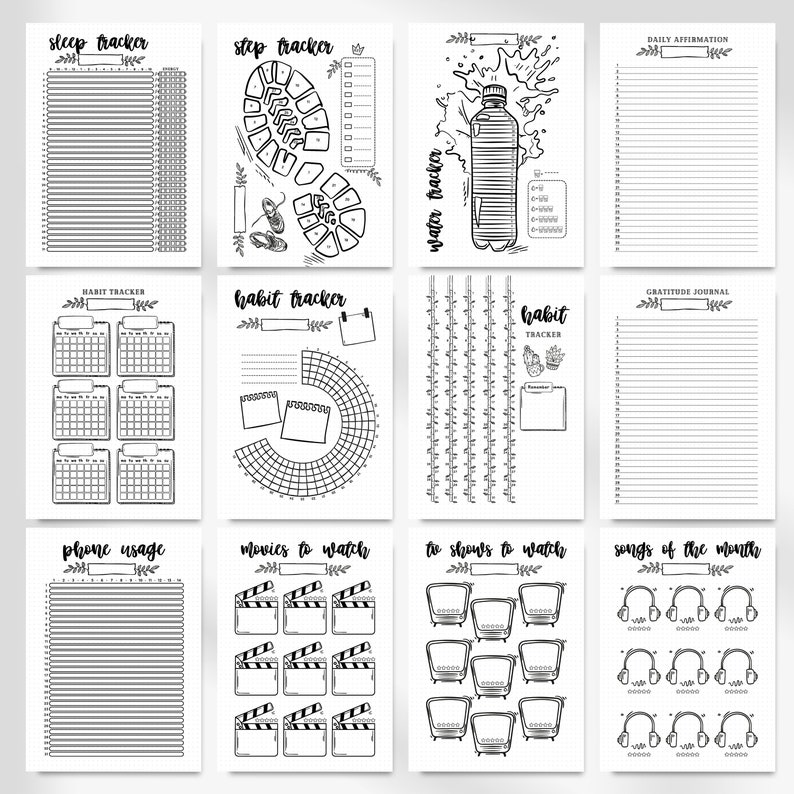 May include: A printable planner page set with black and white illustrations. The pages include trackers for sleep, steps, water intake, daily affirmations, habits, gratitude, phone usage, movies, TV shows, and songs of the month.