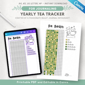 May include: A digital printable yearly tea tracker with a grid for journaling. The design includes a teapot illustration and the text "Yearly Tea Tracker" and "For Journaling". The tracker is available in A4, A5, US Letter, and HP sizes.