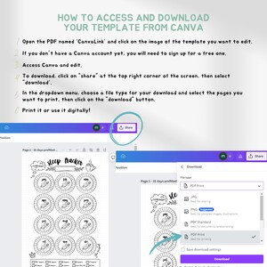 May include: A screenshot of a Canva design template showing instructions on how to access and download a sleep tracker template. The template is a printable PDF with a black and white design featuring a circle with the words "sleep tracker" and a cup of coffee. The template is available in PDF, JPG, and PNG formats.