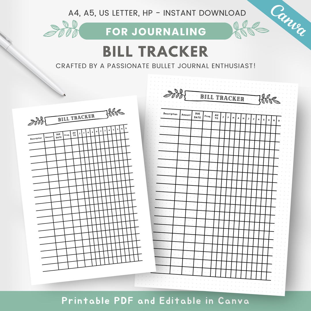 Yearly Bill Payment Tracker, Bill Payment Checklist, Printable Planner ...