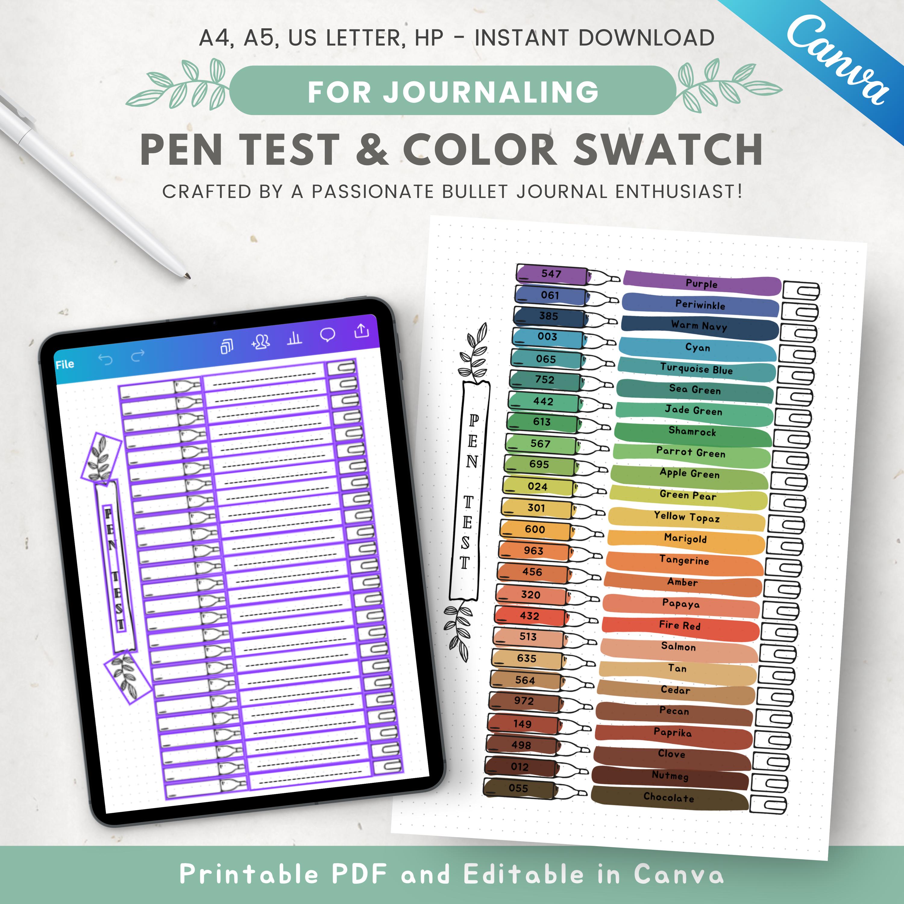 Printable pen test page, pen tracker, premade journal page, marker log, pen color swatch page, editable journal template