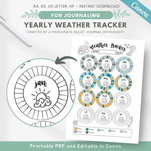 May include: A printable yearly weather tracker for bullet journaling. The tracker is designed with 12 circles, one for each month of the year. Each circle has a section for sunny, snowy, cloudy, stormy, rainy, windy, and foggy days. The tracker is designed in black and white with a cute sun and cloud icon.