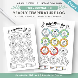 Puede incluir: Un rastreador de registro de temperatura imprimible en blanco y negro para llevar un diario. El rastreador tiene 12 círculos, uno para cada mes del año, con un icono de termómetro y un icono de sol. Los círculos están divididos en secciones para registrar las temperaturas. El rastreador también incluye una escala de temperatura con un rango de 36 a -5 grados.