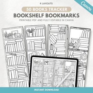Könnte beinhalten: Vier druckbare Bücherregal-Lesezeichen-Designs mit 50 Buchplätzen. Jedes Design zeigt ein anderes Bücherregal mit Büchern, Pflanzen und anderen dekorativen Elementen. Die Lesezeichen sind vollständig in Canva bearbeitbar.