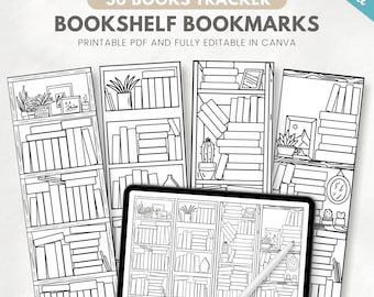 Printable 50 books tracker bookshelf bookmark, editable reading tracker, colouring bookmarks, Canva template