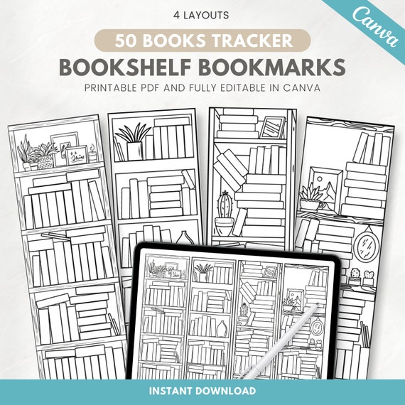 Printable 50 books tracker bookshelf bookmark, editable reading tracker, colouring bookmarks, Canva template
