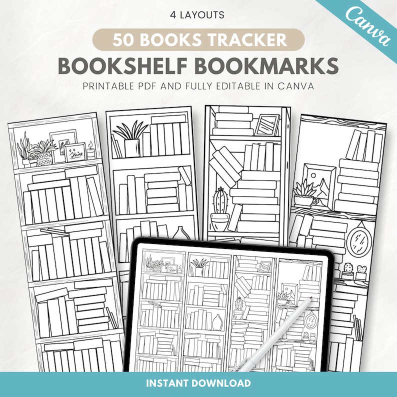 May include: Four printable bookshelf bookmark designs with 50 book slots. Each design features a different bookshelf with books, plants, and other decorative elements. The bookmarks are fully editable in Canva.