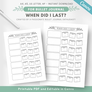 May include: Printable bullet journal page with the title "When Did I Last?"  The page is divided into two columns, each with a list of activities and a space to write the date the activity was last completed.