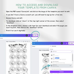 May include: A screenshot of a Canva design template showing instructions on how to access and download a printable shower tracker. The template is a black and white design with a shower head and the words "shower tracker" at the top. The template is divided into 31 days, with each day represented by a circle. The circles are arranged in a grid, with each row representing a week. The template is designed to be used as a tracker for showering habits.