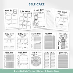 May include: A collection of black and white self-care planner pages featuring sections for about me, favorites, guides, daily, weekly, and monthly reviews, skin care, sleep, water, symptom, and trigger trackers, level 10 life, and phone usage.