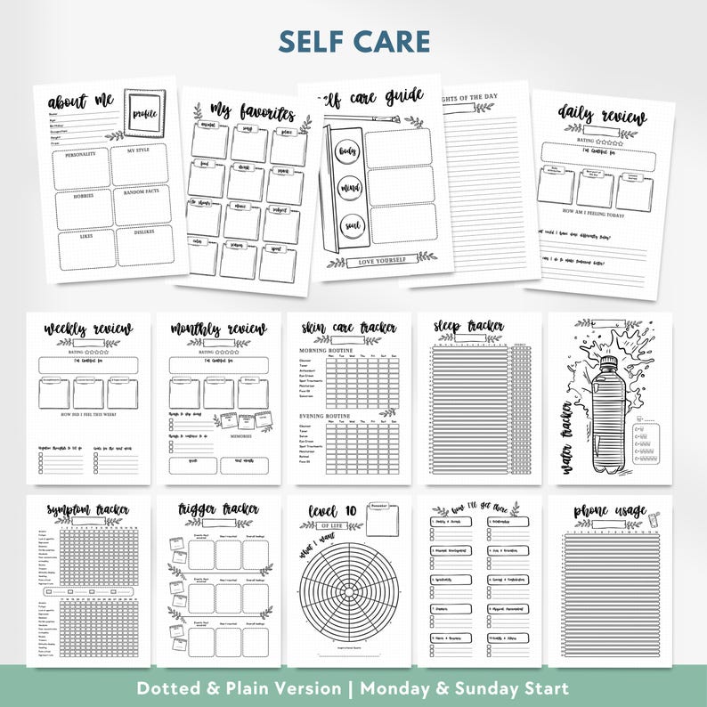 May include: A collection of black and white self-care planner pages featuring sections for about me, favorites, guides, daily, weekly, and monthly reviews, skin care, sleep, water, symptom, and trigger trackers, level 10 life, and phone usage.