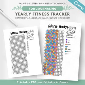 May include: A printable yearly fitness tracker with a grid for each month of the year. The tracker includes icons for yoga, gym, cardio, running, pilates, swimming, and rest. The tracker is designed for bullet journaling and is available in A4, A5, US Letter, and HP sizes.