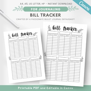 Pode incluir: Rastreador de contas imprimível com um design simples. O rastreador tem seis colunas com cabeçalhos para a data de vencimento e o valor. O rastreador é projetado para bullet journaling e está disponível nos tamanhos A4, A5, US Letter e HP.