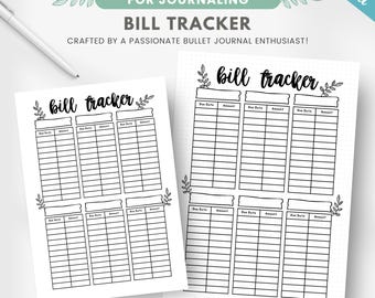 May include: A printable bill tracker template featuring black and white grid layouts with columns for due dates and amounts. The design includes leaf illustrations and the text "bill tracker" at the top. It is available in A4, A5, US Letter, and HP sizes.