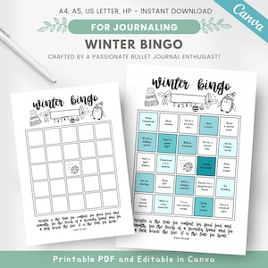 May include: A printable winter bingo card with a penguin and holly design. The card has 25 squares with winter-themed activities to complete, such as making homemade soup, baking cookies, and going ice skating. The text "Winter Bingo" is at the top of the card.