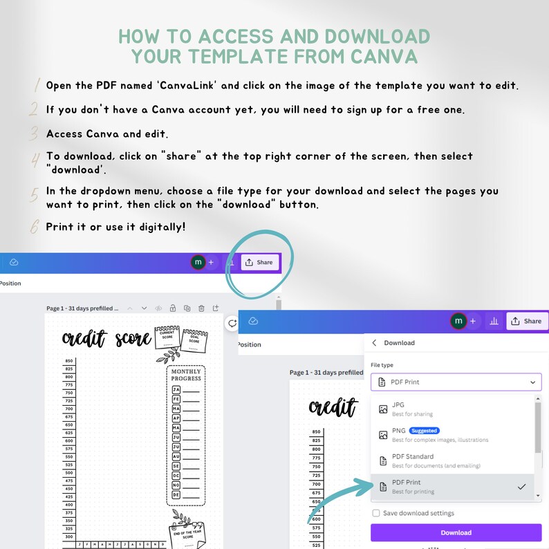 May include: An instructional graphic titled HOW TO ACCESS AND DOWNLOAD YOUR TEMPLATE FROM CANVA, featuring six numbered steps, a screenshot of the Canva share button, and a dropdown menu showing file type options for downloading a credit score tracker.
