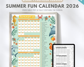 Editable 2026 summer calendar poster, Family summer fun poster, Kids summer bucket list | Printable Wall calendar Canva template
