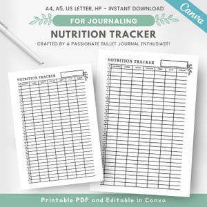 May include: Printable nutrition tracker with two pages, each with a table for tracking calories, carbs, sugar, protein, fiber, fats, and sodium. The table has 30 rows and 8 columns. The text "NUTRITION TRACKER" is at the top of each page.